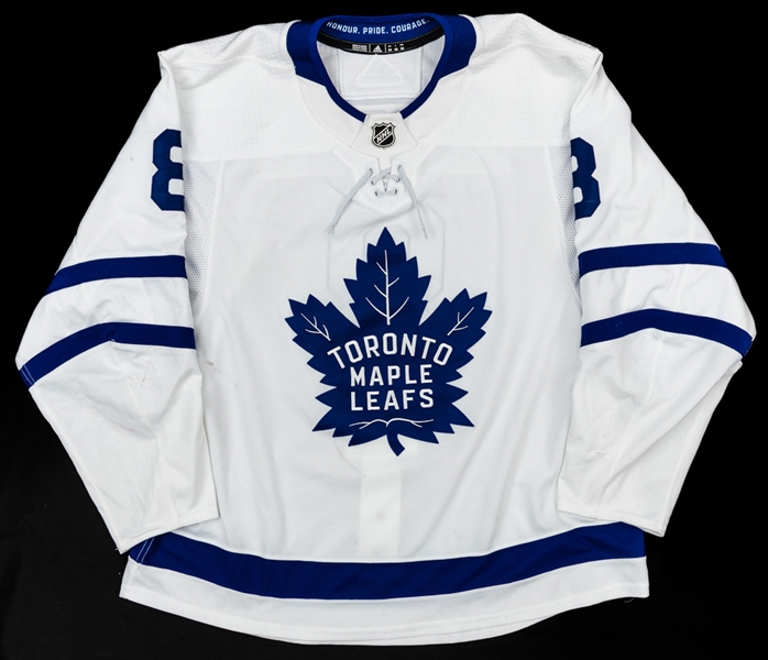 Connor Carricks 2017-18 Toronto Maple Leafs Game-Worn Jersey with Team COA - Team Repairs! - Photo-Matched!