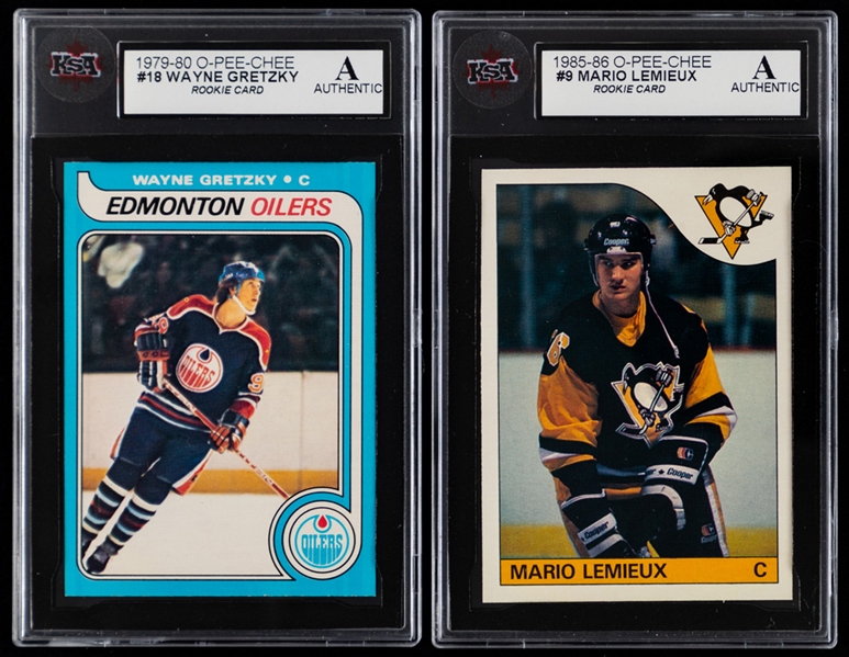 1979-80 O-Pee-Chee Hockey Card #18 HOFer Wayne Gretzky Rookie and 1985-86 O-Pee-Chee Hockey Card #9 HOFer Mario Lemieux Rookie - Both Graded KSA Authentic