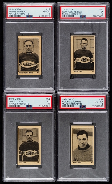 1924-25 Maple Crispette V130 Hockey Complete 29-Card Set Including PSA-Graded Cards of HOFers #12 Howie Morenz (Good 2), #13 George Vezina (EX 5), #14 Aurele Joliat (EX 5) and #27 Lalonde (VG-EX 4)