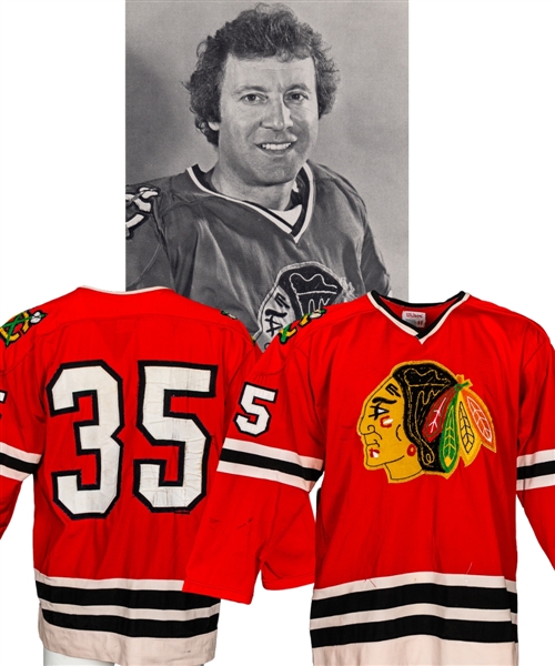 Tony Espositos 1976-77 Chicago Black Hawks Game-Worn Durene Jersey - Team Repairs! - Photo-Matched!