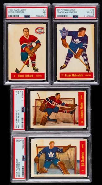 1957-58 Parkhurst Hockey Complete 50-Card Set with PSA-Graded Cards (10) Inc. HOFers #4 H. Richard Rookie (VG 3), #17 F. Mahovlich Rookie (VG-EX 4), #5 M. Richard (EX-MT 6) and #15 Plante (NM 7) 