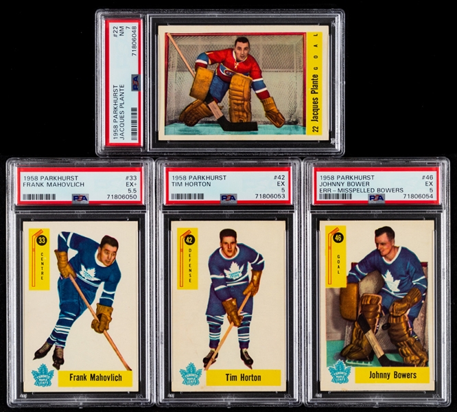 1958-59 Parkhurst Hockey Complete 50-Card Set with PSA-Graded Cards (8) Inc. HOFers #22 Plante (NM 7), #33 Mahovlich (EX+ 5.5), #42 Horton (EX 5) and #46 Bower (EX 5) 