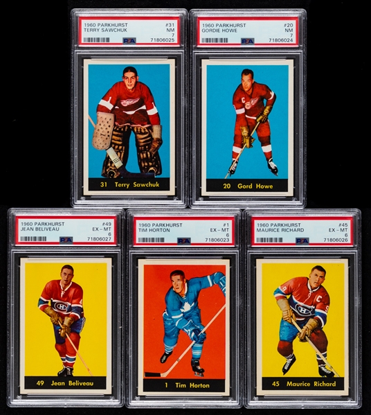 1960-61 Parkhurst Hockey Complete 61-Card Set with PSA-Graded Cards (6) Inc. HOFers #20 Howe (NM 7), #31 Sawchuk (NM 7), #45 M. Richard (EX-MT 6) and #53 Plante (NM 7) Plus 6 Extras