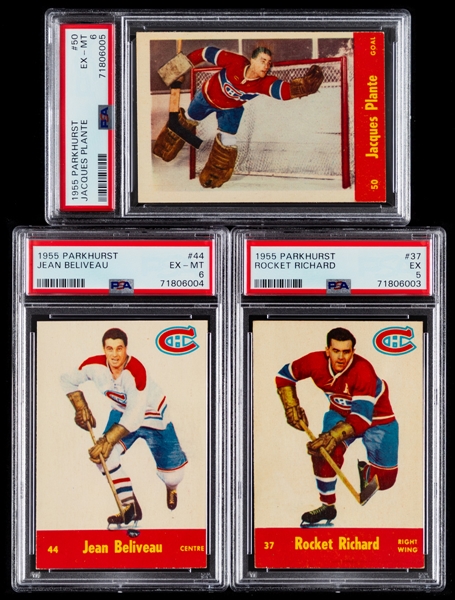 1955-56 Parkhurst Hockey Complete 79-Card Set with PSA-Graded Cards (9) Inc. HOFers #37 Richard (EX 5), #44 Beliveau (EX-MT 6),  #50 Plante Rookie (EX-MT 6) and  #79 Maple Leaf Gardens (EX 5) 