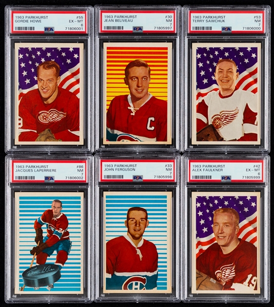 1963-64 Parkhurst Hockey Complete 99-Card Set with PSA-Graded Cards (6) Inc. HOFers #30 Beliveau (NM 7), #53 Sawchuk (NM 7),  #55 Howe (EX-MT 6) and #86 Laperriere Rookie (NM 7) 