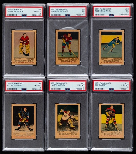 1951-52 Parkhurst Hockey Complete 105-Card Set with PSA-Graded Cards (22) Including Rookie Cards of HOFers #4 M. Richard (EX 5), #61 Sawchuk (VG-EX 4), #86 Kennedy (EX 5) and #94 Stanley (EX-MT 6)