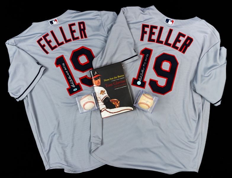 Signed Baseball HOFer Memorabilia Collection of 6 Including Bob Feller Cleveland Indians Autographed Jerseys (2) and Baseballs Signed by Willie Mays and Reggie Jackson