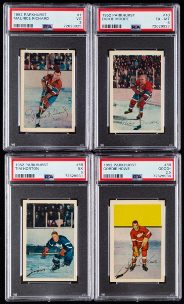 1952-53 Parkhurst Hockey Complete 105-Card Set with PSA-Graded Cards (10) Inc. #1 Richard (VG 3), #10 Moore Rookie (EX-MT 6), #58 Horton Rookie (EX 5) and #88 Howe (Good+ 2.5) 
