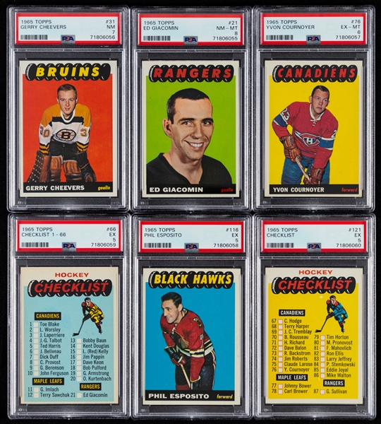 1965-66 Topps Hockey Complete 128-Card Set with PSA-Graded Cards (6) Including Rookie Cards of HOFers #21 Giacomin (NM-MT 8), #31 Cheevers (NM 7), #76 Cournoyer (EX-MT 6) and #116 P. Esposito (EX 5) 