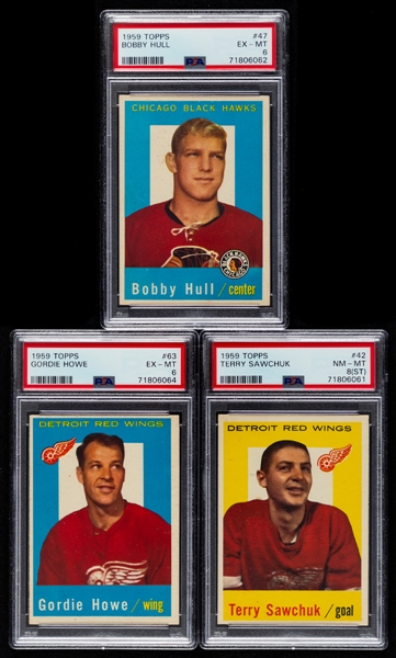 1959-60 Topps Hockey Complete 66-Card Set with PSA-Graded Cards (3) of HOFers #42 Terry Sawchuk (NM-MT 8-ST), #47 Bobby Hull (EX-MT 6) and #63 Gordie Howe (EX-MT 6) Plus 6 Extras