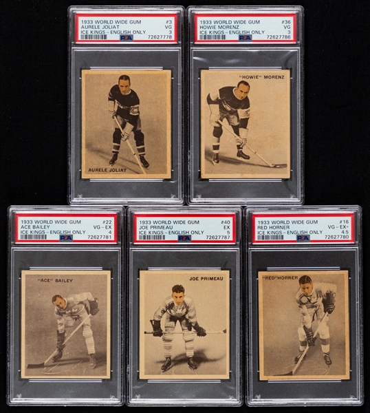1933-34 World Wide Gum Ice Kings V357 Hockey Cards (34) with PSA-Graded Cards (11) Inc. HOFers #3 Joliat (VG 3), #22 Bailey Rookie (VG-EX 4), #36 Morenz (VG 3) and #40 Primeau Rookie (EX 5)