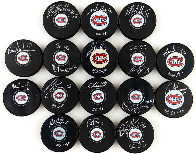 Montreal Canadiens 1993 Stanley Cup Champions Single-Signed Puck Collection of 16 Including Muller, Desjardins, Carbonneau and Others with LOA