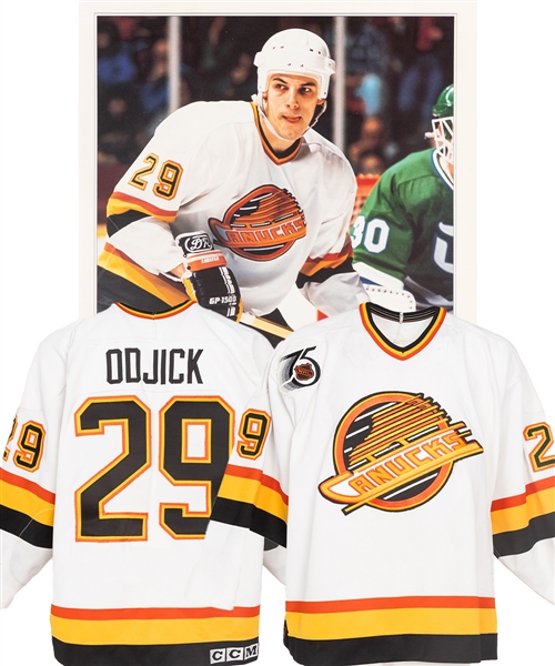 Gino Odjicks 1990-91 Vancouver Canucks Game-Worn Rookie Season Jersey (With Added 75th Patch) - 296 PIMs Season!