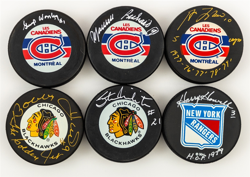 NHL and IIHF Signed and Unsigned Puck Collection of 34 Including Deceased HOFers Richard, Lafleur, Hull, Mikita, Howell, Worsley and Others Plus Signed and Unsigned Baseballs Including Ken Griffey J.
