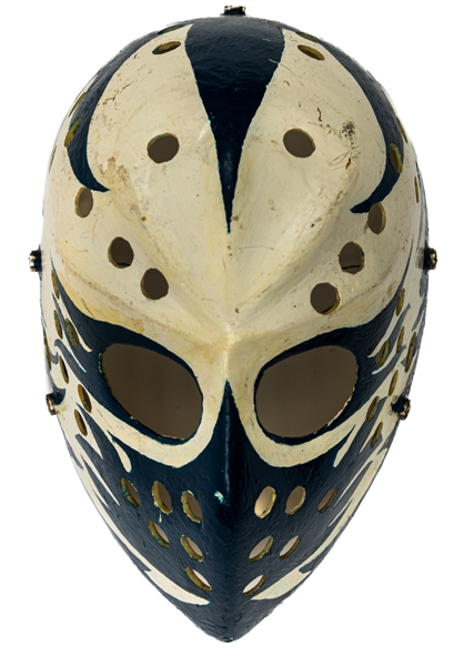 Vintage 1970s Fibrosport-Style Fiberglass Goalie Mask - Blue and White Painted Design