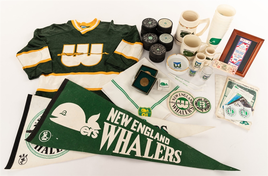 Large New England/Hartford Whalers Memorabilia Collection Including Pucks, Pennants, Cups, Guide Books and More 