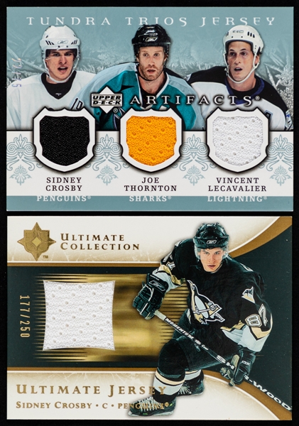 Sidney Crosby 2005-06 and 2007-08 Patches/Swatches Hockey Cards (5) Inc. 2005-06 UD Ultimate Jersey #J-SC (177/250) and 2007-08 UD Artifacts Tundra Trios Jersey #T3-LTC Crosby/Thornton/Lecavalier