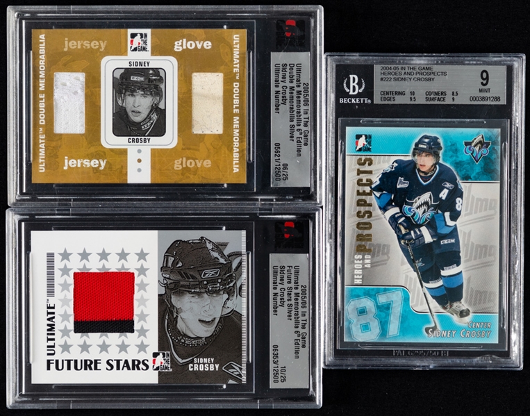 Sidney Crosby 2004-05 and 2005-06 ITG and Other Brands Hockey Cards (11) Inc. 2005-06 ITG Double Memorabilia Silver (6/25), 2005-06 ITG Future Stars Silver (10/25) and 2004-05 ITG Heroes and Pro