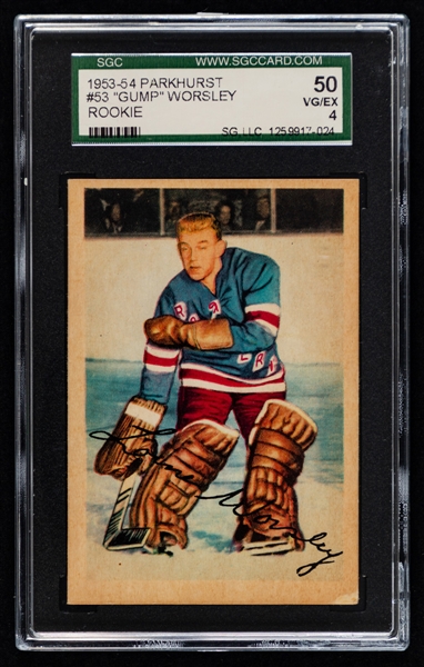 1953-54 Parkhurst Hockey Card #53 HOFer Gump Worsley Rookie - Graded SGC 4