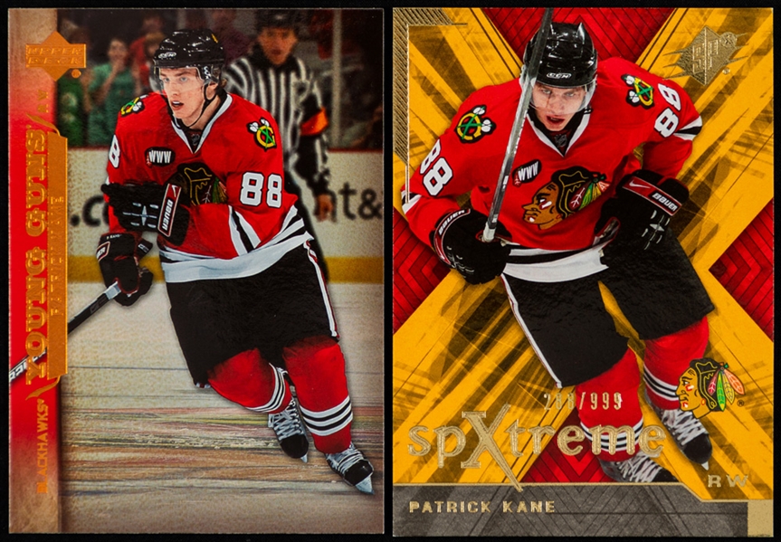 2007-08 UD Young Guns Hockey Card #210 Patrick Kane, 2007-08 UD Rookie Materials #RM-PK P. Kane, 2007-08 SPx SpXtreme #X55 P. Kane (288/999) and 2007-08 ITG Game-Used Jersey #GUJ-19 P. Kane
