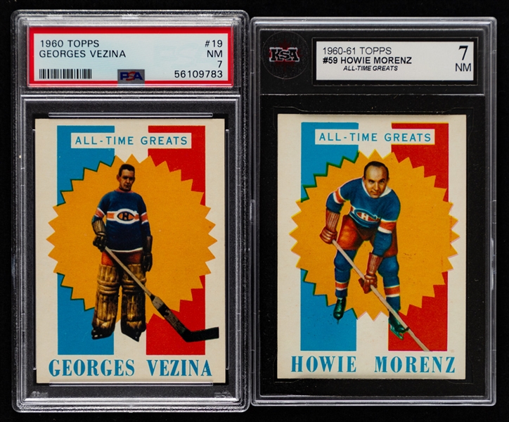1960-61 Topps "All-Time Greats" Graded Hockey Cards (6) Inc. #19 HOFer Georges Vezina (PSA 7), #59 HOFer Howie Morenz (KSA 7) and #60 HOFer Dick Irvin (KSA 8)