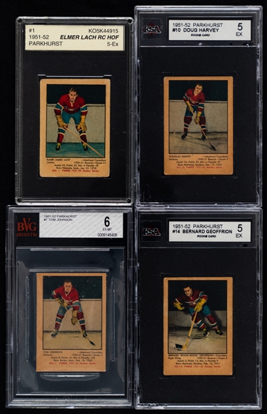 1951-52 & 54-55 Parkhurst Graded Hockey Cards (7) Inc. 1951-52 #1 HOFer Elmer Lach Rookie (ASA 5), 1951-52 #14 HOFer Bernard Geoffrion Rookie (KSA 5) and 1951-52 #10 HOFer Doug Harvey Rookie (KSA 5)