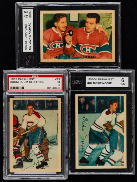 1953-54 Parkhurst Graded Hockey Cards (5) Inc. #30 HOFers Lach/Richard (KSA 6.5), #29 HOFer Bernard Geoffrion (PSA 5) and #28 HOFer Dickie Moore (KSA 6)
