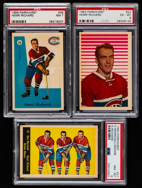 1958-59 to 1963-64 Parkhurst Hockey Cards of HOFer Henri Richard (4) with PSA-Graded Cards (3) Including 1959-60 Parkhurst #39 (NM 7) and 1960-61 Parkhurst #57 Marshall/Richard/Moore (NM-MT 8)