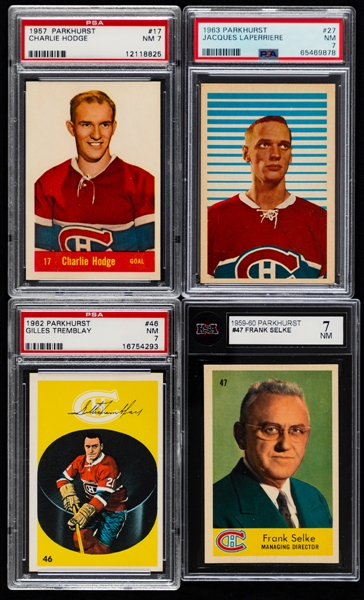1957-58 to 1968-69 Montreal Canadiens Hockey Cards (11) with Graded Cards (8) Inc. 1957-58 Parkhurst #17 C. Hodge Rookie (PSA NM 7) and 1963-64 Parkhurst #27 HOFer J. Laperriere Rookie (PSA NM 7)