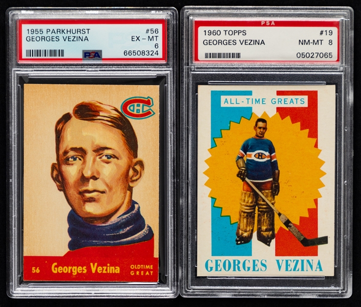 HOFer Georges Vezina Graded Hockey Cards (4) Inc. 1955-56 Parkhurst #56 (PSA 6) and 1960-61 Topps "All-Time Greats" #19 (PSA 8)