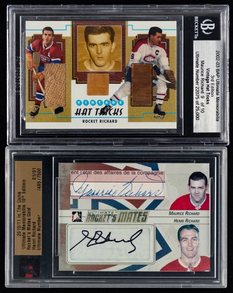 2002-03 to 2010-11 ITG/Famous Fabrics Hockey Cards (5) Inc. 2002-03 BAP Ultimate Vintage Hat Tricks Maurice Richard (9/10) and 2010-11 ITG Ultimate Rockets Mate Gold (Richard Bros - Signed)(1/1)