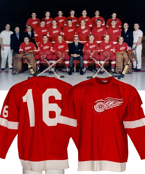 Ted Hampsons / Garry Ungers 1967-68 Detroit Red Wings Game-Worn Jersey with LOA - Team Repairs! - Photo-Matched to Ted Hampson!