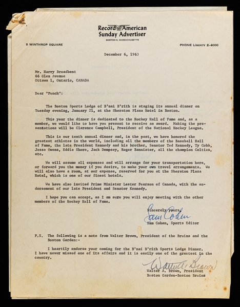 1963 Record American Sunday Advertiser Typed Letter Signed by Hockey and Basketball HOFer Walter A. Brown Addressed to Harry "Punch" Broadbent from His Personal Collection with LOA 