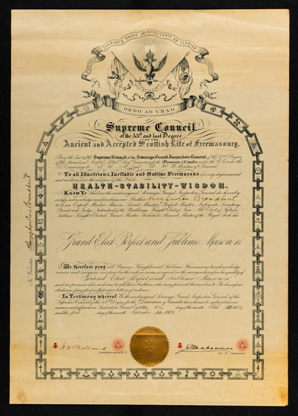 Stunning 1922 Deceased HOFer Harry "Punch" Broadbent Signed Ancient and Accepted Scottish Rite of Freemasonry Certificate From his Personal Collection with LOA (16" x 23") 