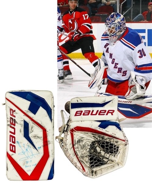 Henrik Lundqvists 2010-11 New York Rangers Signed Bauer Supreme Used Glove and Blocker with Steiner LOA - Single Season Career High 11 Shutouts!