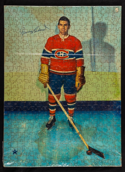 Vintage 1950s Hockey Puzzle Collection of 7 including Maurice Richard, Jean Beliveau, Montreal Canadiens (3) and Detroit Red Wings 