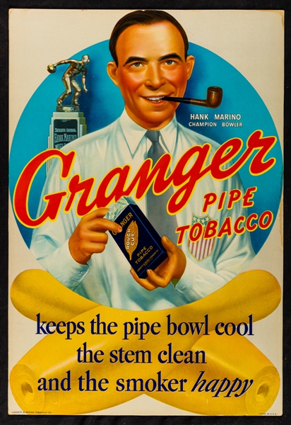 Champion Bowler Hank Marino 1930s Granger Pipe Tobacco Advertising Poster (14" x 20")