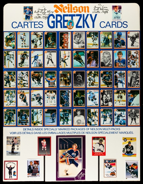 1982-83 Wayne Gretzky Neilson Hockey Card Store Display Signs (3) - One Signed by Walter Gretzky, Plus  Neilson "99" Cookie Bar Empty Box with 44 Wrappers  