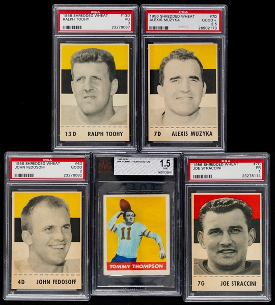 1954 Blue Ribbon Tea CFL (4), 1956 Shredded Wheat CFL (4) and 1948 Leaf Gum Co NFL (1) Graded Football Cards (Most PSA-Graded)