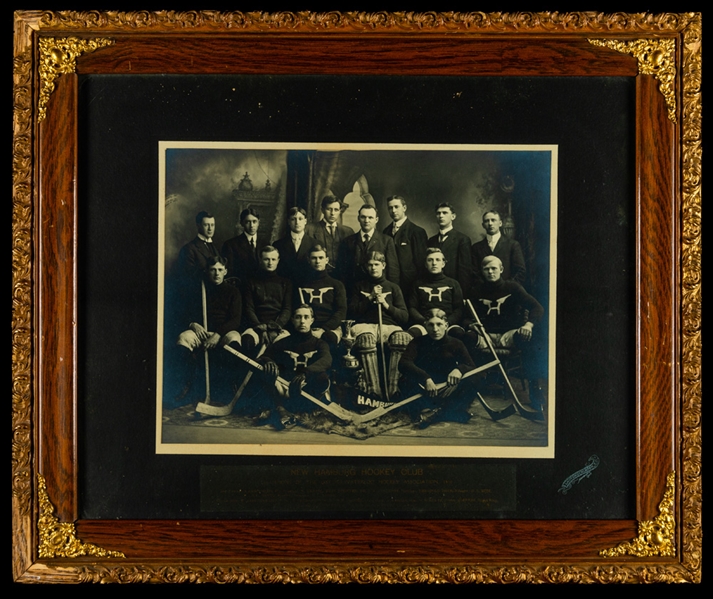 New Hamburg Hockey Club 1910 (Champions of Oxford/Waterloo Hockey Association) and Thorold Rovers Hockey Team 1908 Framed Cabinet Team Photos 