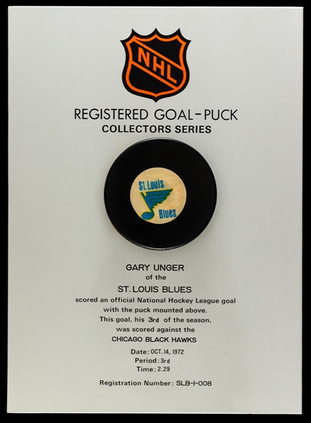 Gary Ungers St Louis Blues October 14th 1972 Goal Puck on Plaque from the NHL Goal Puck Program - 3rd Goal of Season / Career Goal #139