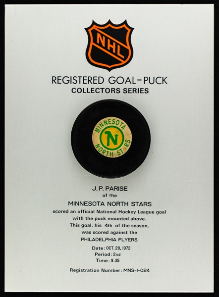 JP Parises Minnesota North Stars October 28th 1972 Goal Puck on Plaque from the NHL Goal Puck Program - 4th Goal of Season / Career Goal #93
