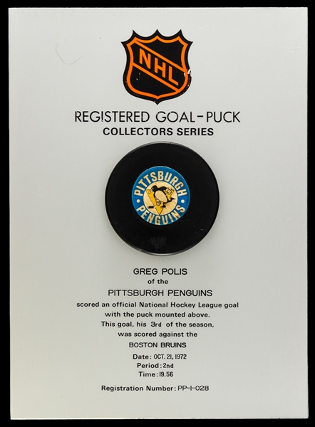 Greg Polis Pittsburgh Penguins October 21st 1972 Goal Puck on Plaque from the NHL Goal Puck Program - 3rd Goal of Season / Career Goal #51