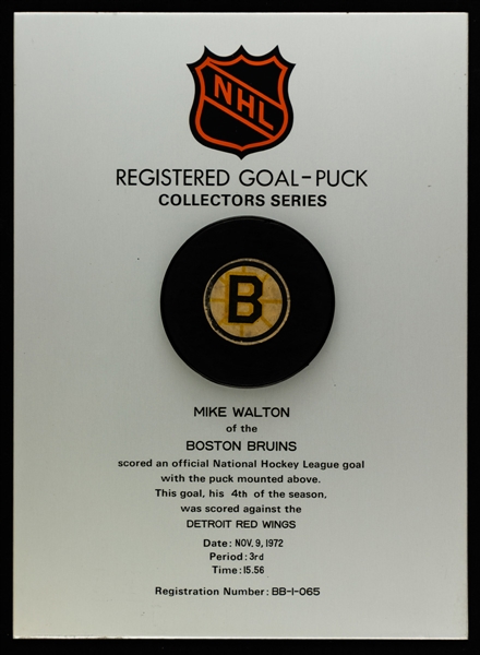 Mike Waltons Boston Bruins November 9th 1972 Goal Puck on Plaque from the NHL Goal Puck Program - 4th Goal of Season / Career Goal #119