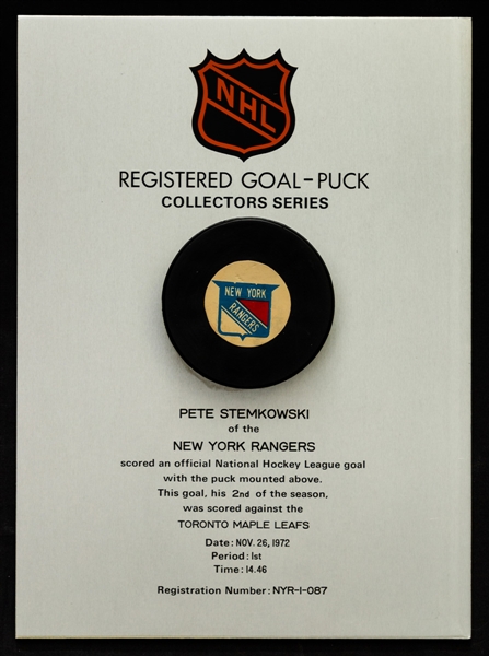 Pete Stemkowskis New York Rangers November 26th 1972 Goal Puck on Plaque from the NHL Goal Puck Program - 2nd Goal of Season / Career Goal #109