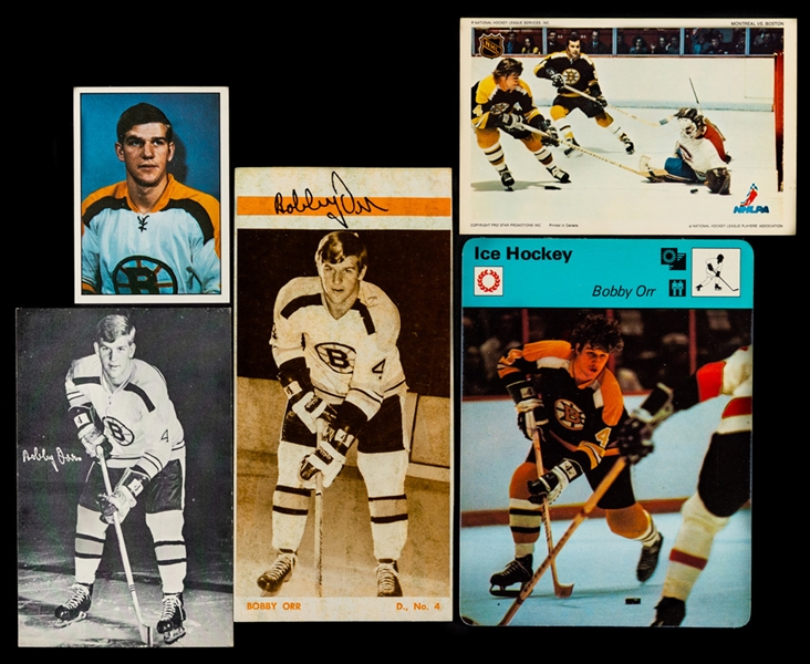 Bobby Orr Boston Bruins Memorabilia Collection of 18 including 1977 Sportscaster Card and 1971-72 Bruins Postcard Set 