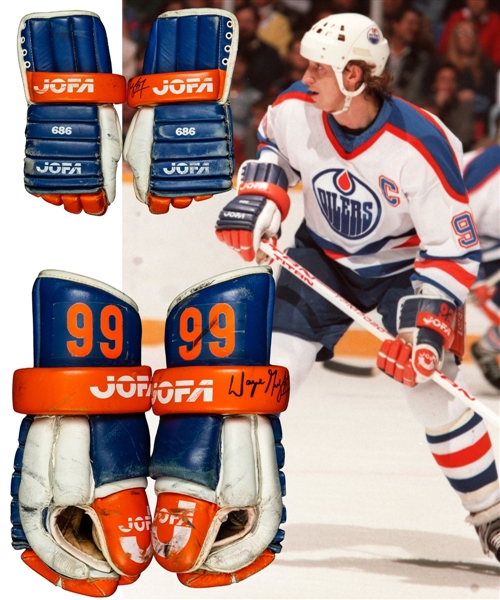 Wayne Gretzkys 1985-86 Edmonton Oilers Jofa Game-Used Gloves with LOA - Career-High 215 Points Season! - Art Ross and Hart Memorial Trophies Season! - Photo-Matched!