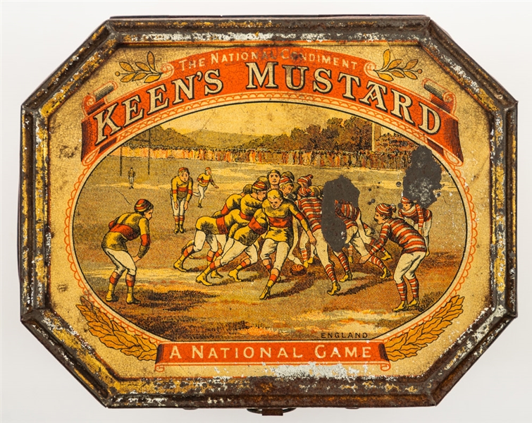 Antique 1880s Keens Mustard Tin with Rugby Graphics Plus 1880s Framed Rugby Team Photo (16" x 18") - The Brent Sobie Antique Hockey and Baseball Collection