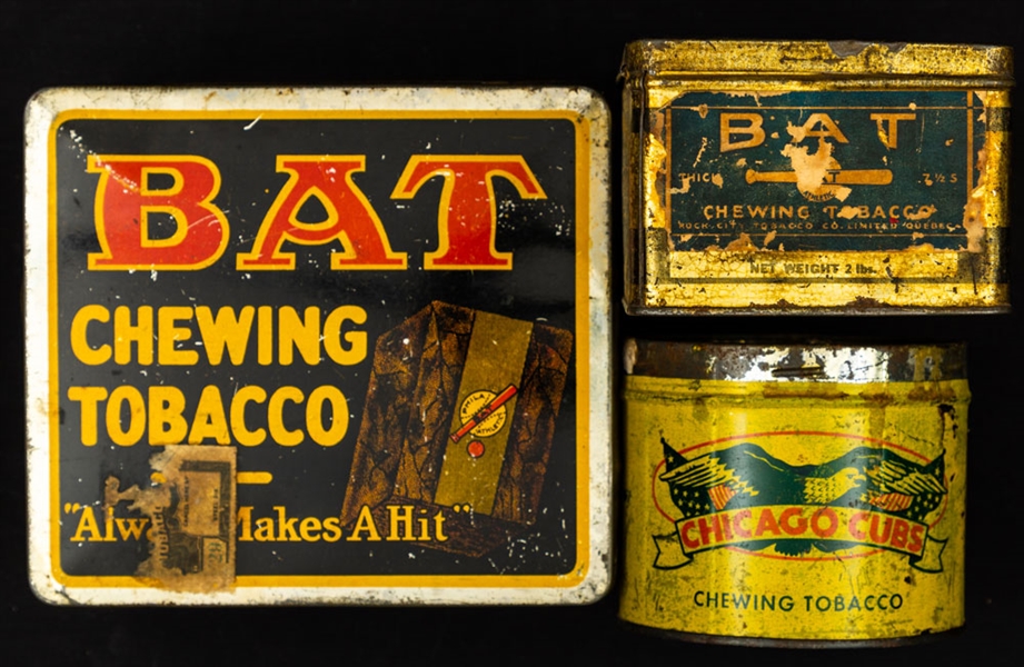 1920s/30s Rock City Tobacco "Bat" (2) and Chicago Cubs Tins Collection of 3 - The Brent Sobie Antique Hockey and Baseball Collection