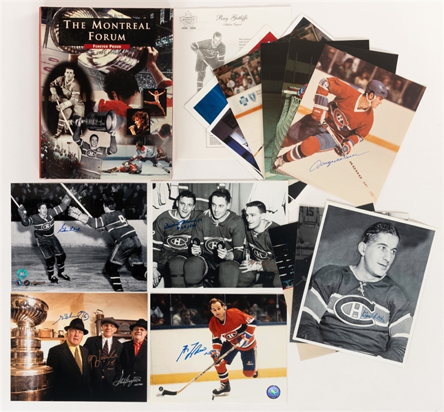 Montreal Canadiens Signed Photos, Postcards, Multi-Signed Forum Book and Other Items Collection (27 Pieces) Including Deceased HOFers H. Richard, Lach, Lafleur, Moore, Olmstead and Beliveau with LOA